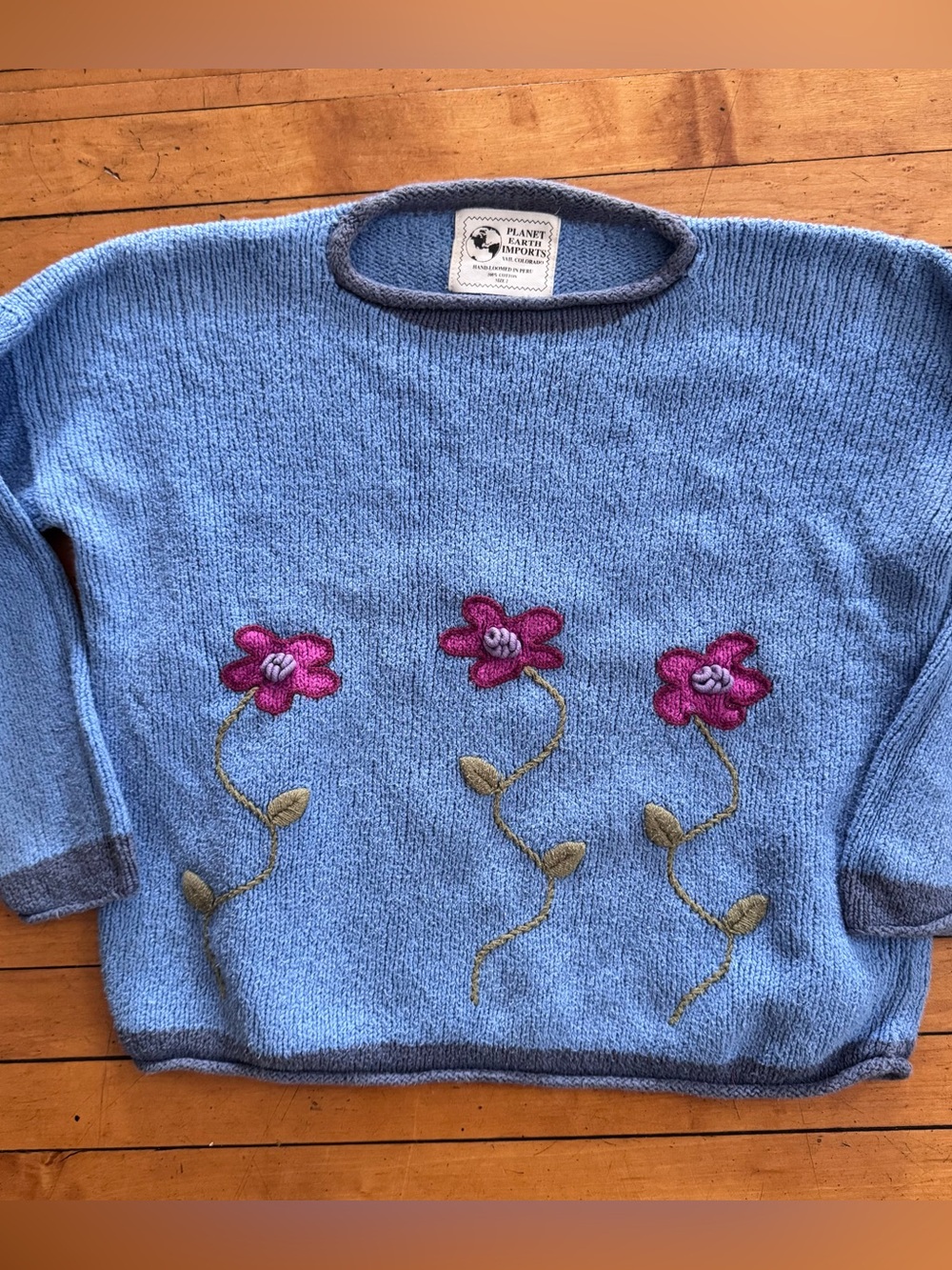 Planet Earth Navy Floral cotton hand loomed Sweater blue pink flower Y2K 90s Vtg